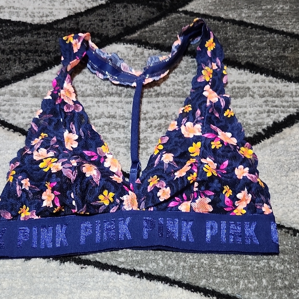 VS PINK STAPPY BLUE LACE FLORAL UNLINED HALTER TRIANGLE BRALETTE